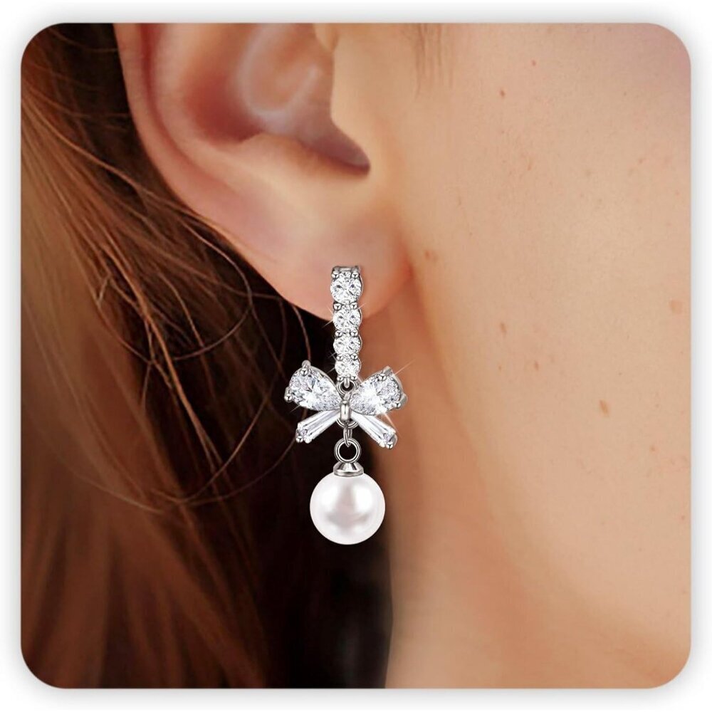 Women's Bow Pearl Earring Silver Bow Drop Jewelry Freshwater Pearl Bridal